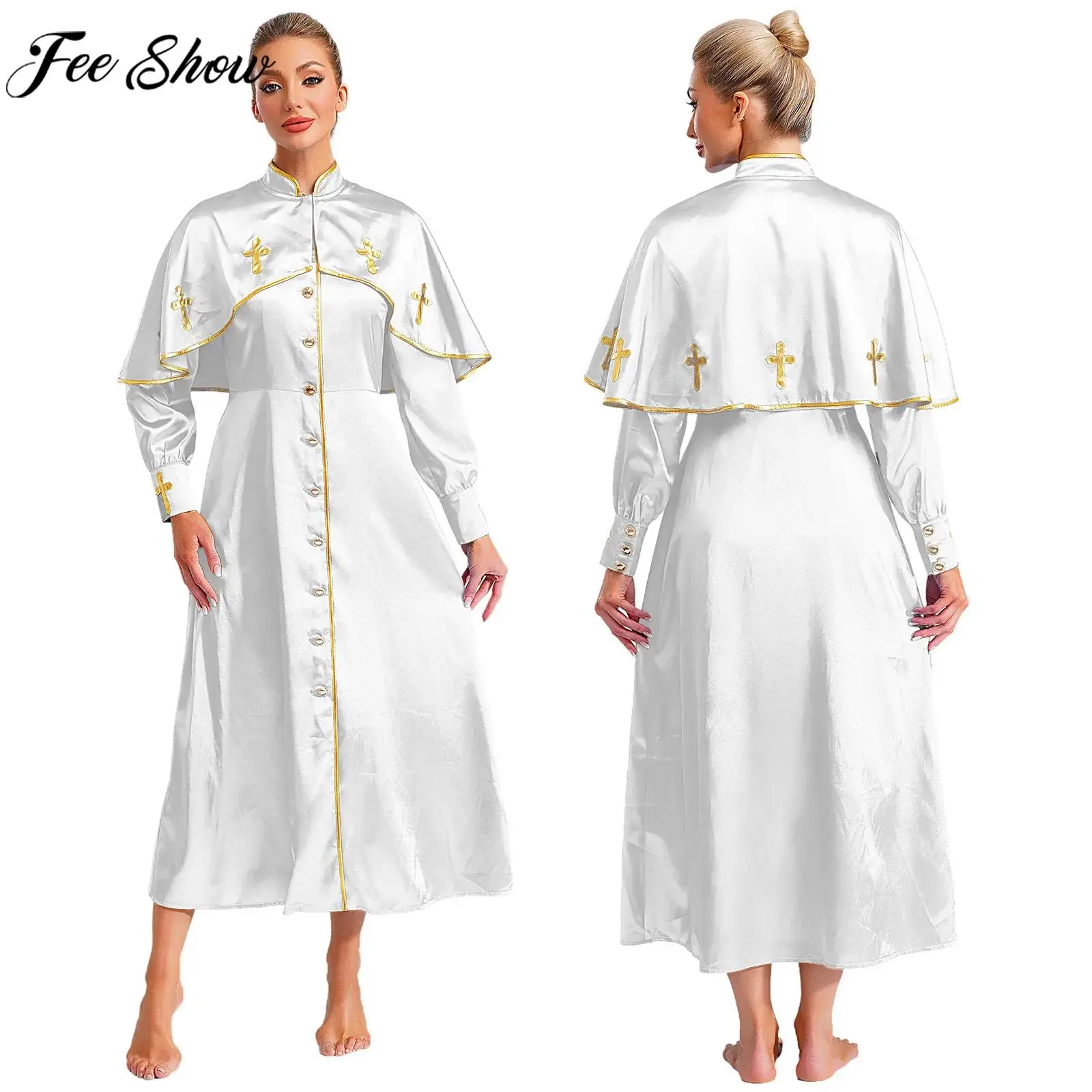 Women Pastor Robe Long Sleeve Stand Collar Church Choir Worship Dress Halloween Carnival Party Clergy Priest Cosplay Costume