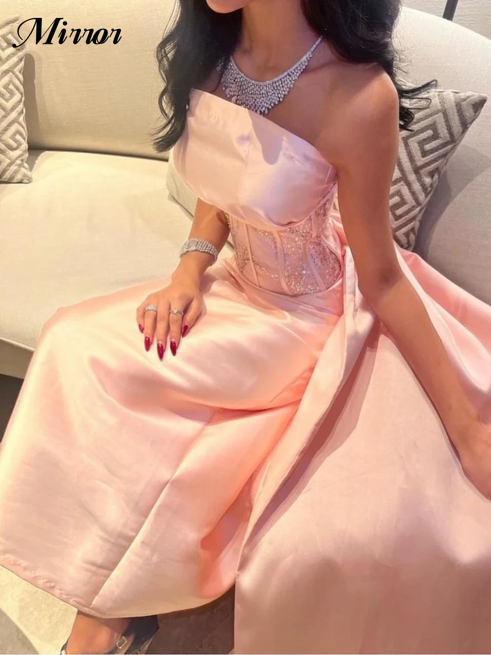 

Mirror Dress Elegant Vintage Sweet Pink Sequins A-Line Strapless Formal Occasion Ball Prom Dress Evening Party Gowns