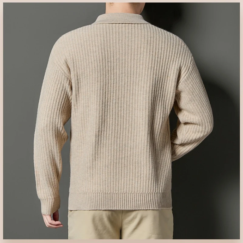 ​​Men's Premium Knit Zip Sweater - Cream White (Black/Camel)  Wool-Like Feel  Anti-Pilling Textured Design​​ POLO Collar Knitted