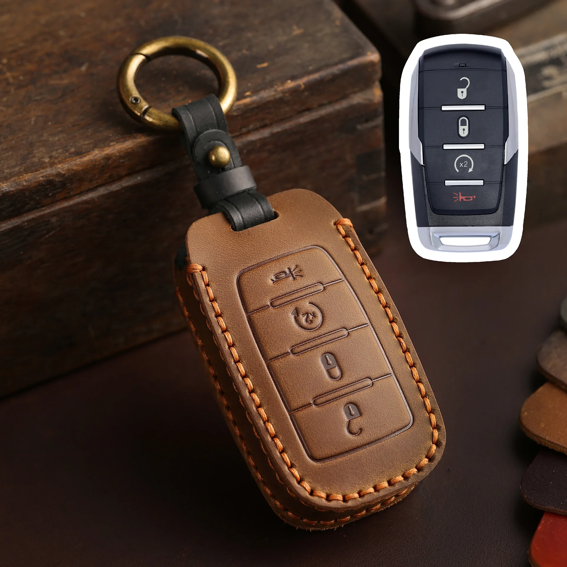 Leather Car Key Fob Cover Case for Dodge RAM 1500 RAM1500 RAM2500 TRX 2021 2020 for Chrysler Couve Dodge Jeep Grand Cherokee