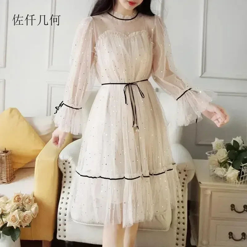 Sukienki damskie 2025 Nowa Słodka Pierwsza Miłość Różowe Sukienki z Siateczki Styl Preppy Długi Rękaw Sukienka Bandage Damska