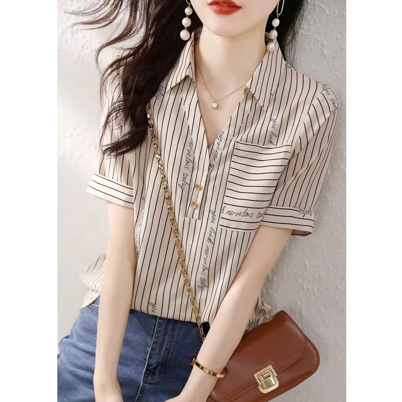 Women Clothes Summer Trendy Striped Print Pocket Elegant Blouses High Quality V Neck Short Sleeve Shirts Blusa Mujer Moda 2023