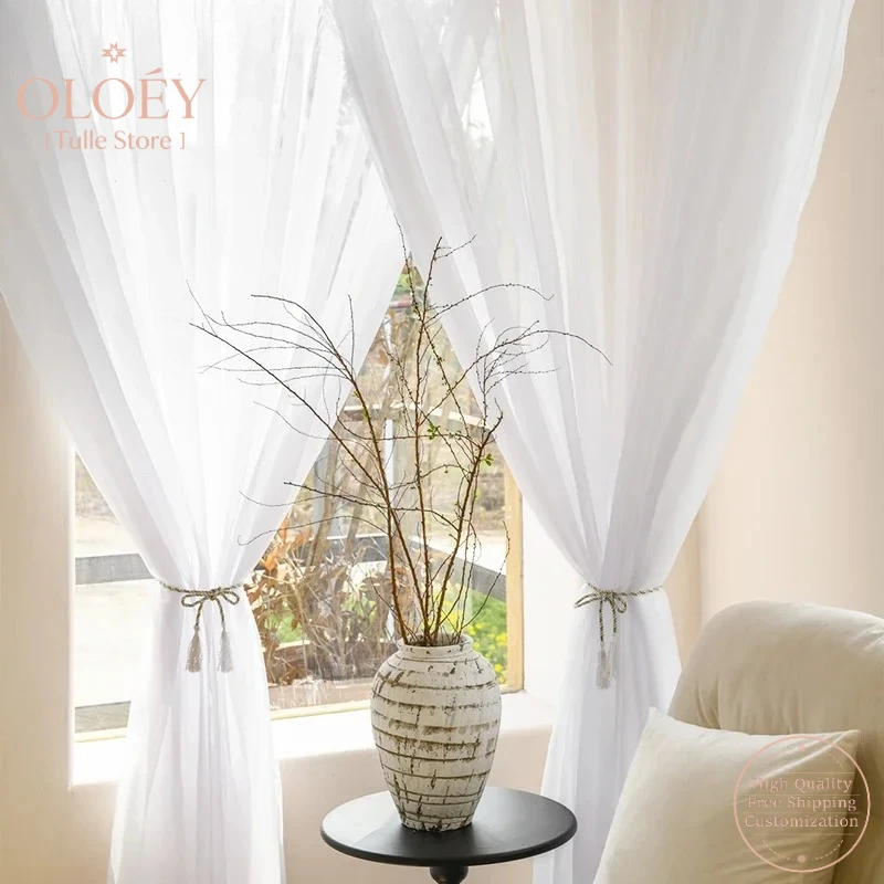 

Modern White Sheer Curtains Solid Transparent Tulle Voile Gauze Yarn Drapes for Living Room Kitchen Window Light Filtering Decor