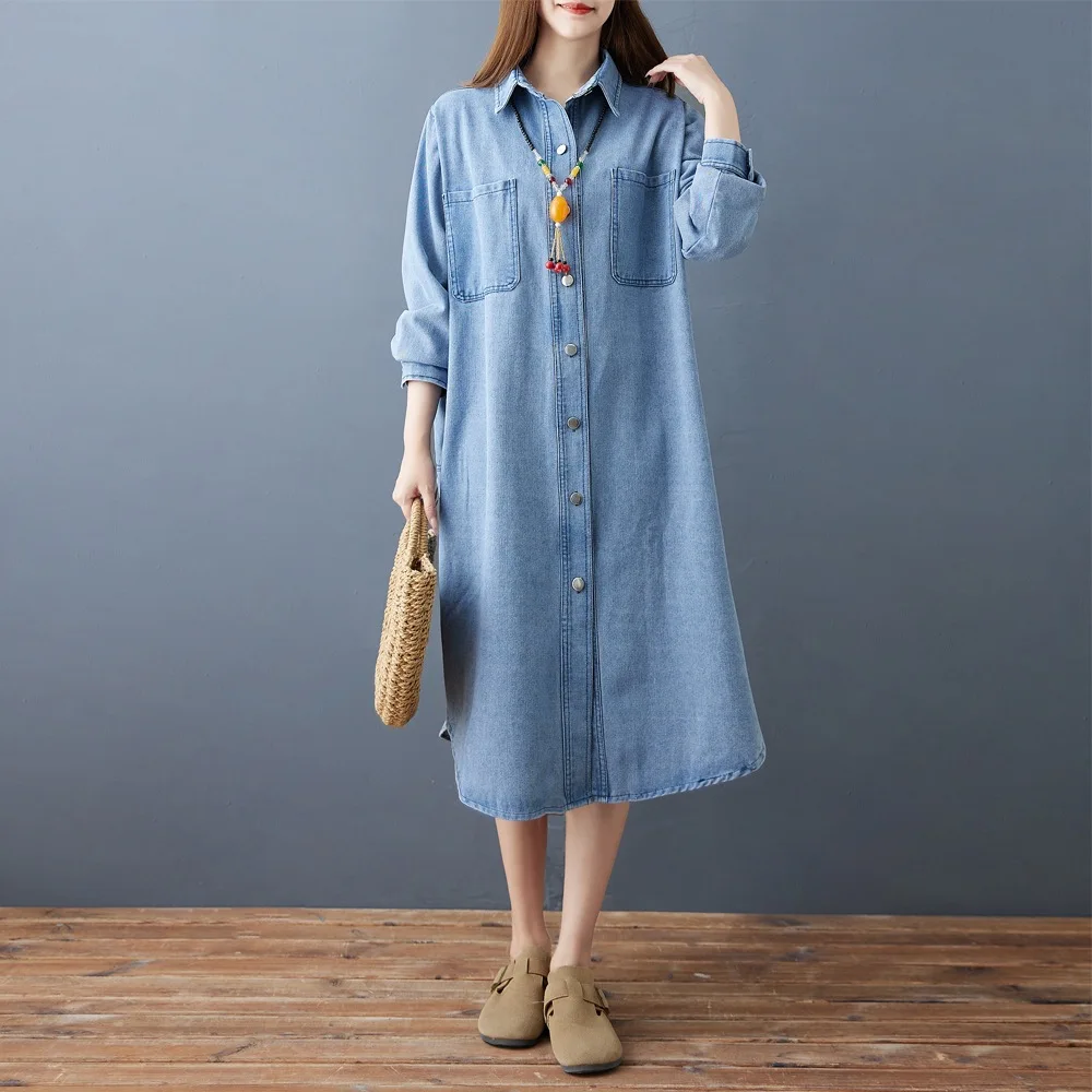 Lose Retro Langarm Denim Kleider frauen Herbst Drehen Unten Kragen Einreiher Hemd Kleid Weibliche Casual Mid-Länge kleid