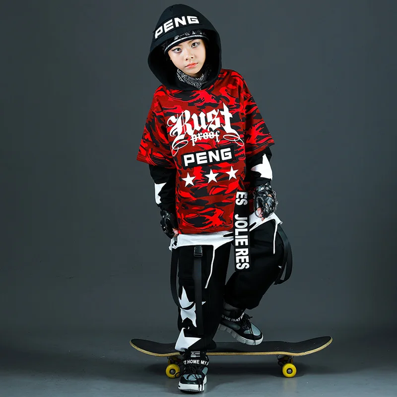 Children Camouflage Hip Hop Stage Clothes Boys Girls Sets Pullover Hoodie Cargo Pants Sweatshirts Kids Tracksuits Costumes