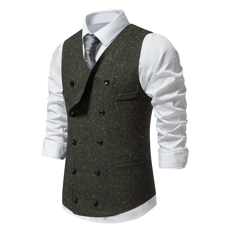 Mens Vintage Lapel Double Breasted Suit Vest Brand Stylish Tweed Wool Blend Vest Waistcoat Men Christmas Party Prom Gilet Homme