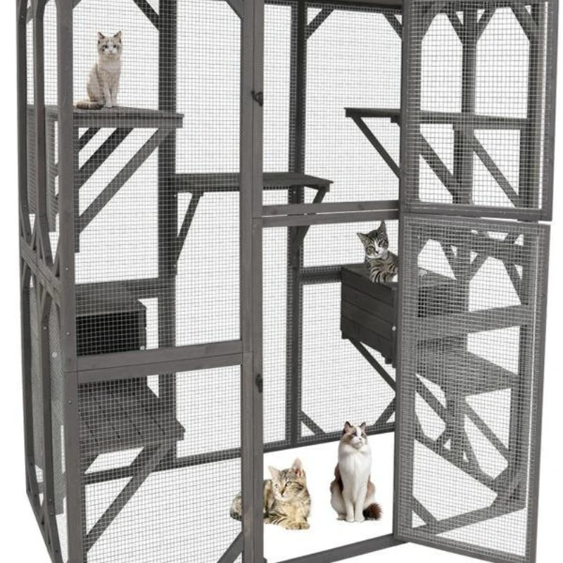 Universal cat cage for all seasons, solid wood cat villa integrated free space indoor cat house, household