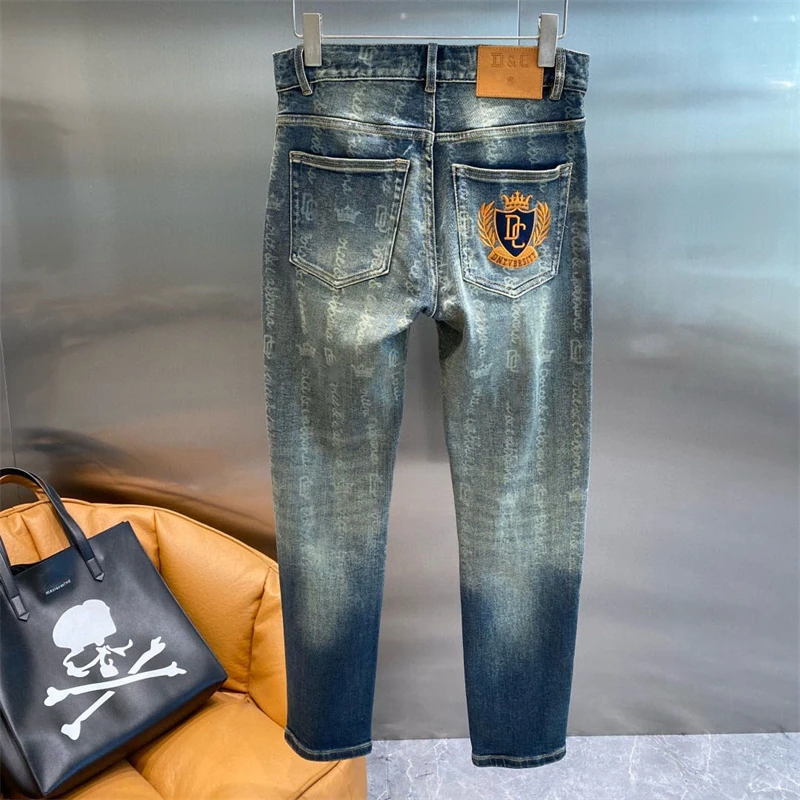

Trendy Brand Men's Autumn Winter Embroidered Letter Print Color Blo Denim Pants Waed Slim Fit Long Trousers Casual Jeans