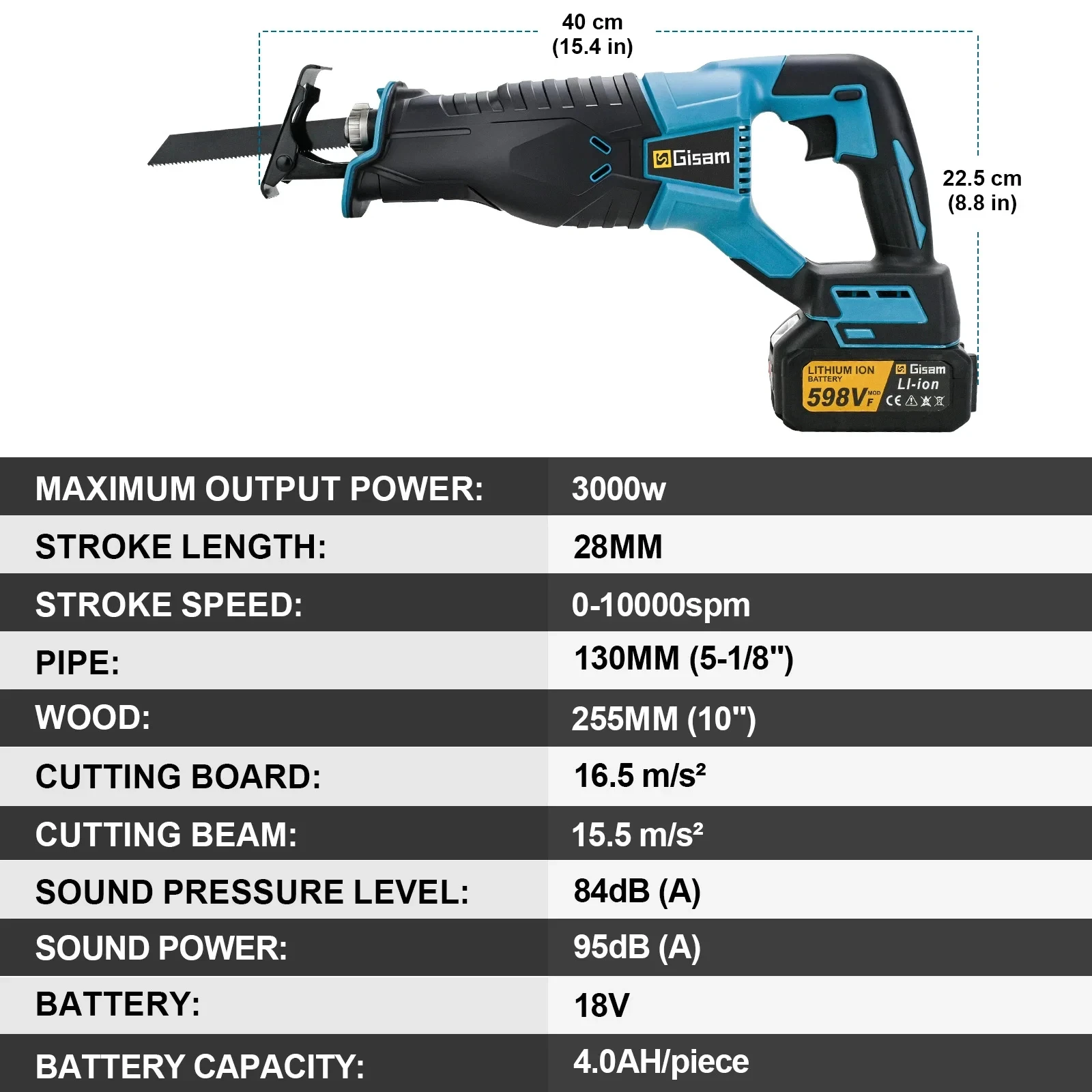 Gisam 3000W 10000SPMเลื่อยลูกโซ่ไฟฟ้าSaber Sawแบบพกพาไร้สายเครื่องมือสําหรับMakita 18Vแบตเตอรี่Pin