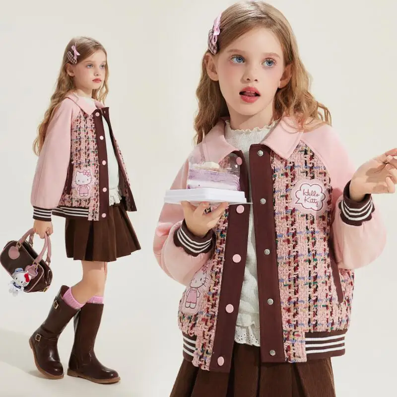 

Sanrio Hello Kitty Baseball Jacket Soft Cotton Blend Girls Autumn Sweet Color Blocking Trendy Elegant Style New 2025 Fashion