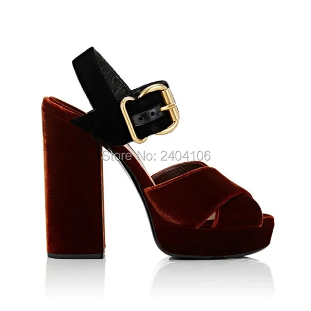 Hemegot Brand Sexy Runway Shoes Mixed Colors Peep Toe Extreme High Velvet Pumps Buckle Strap Block Heel Platform Sandals Women