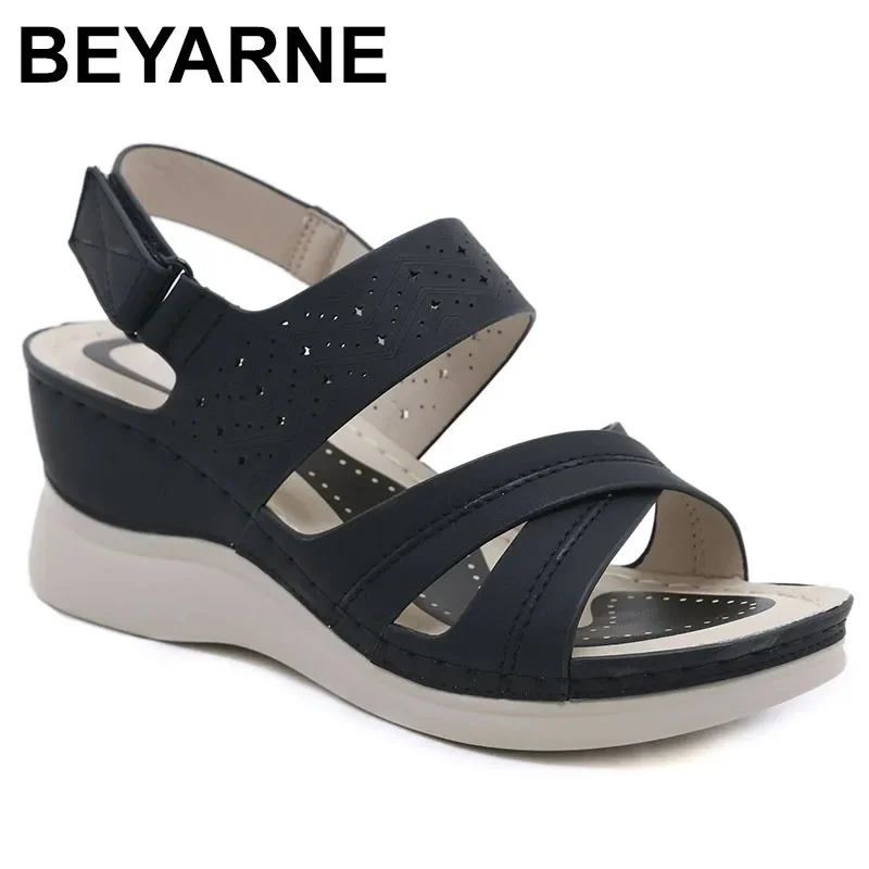 Brand Summer Fashion Wedge Sandals Women Hollow Out Buckle Leisure Cross-Tied Sewing Thread Beach Blue Waterproof Black