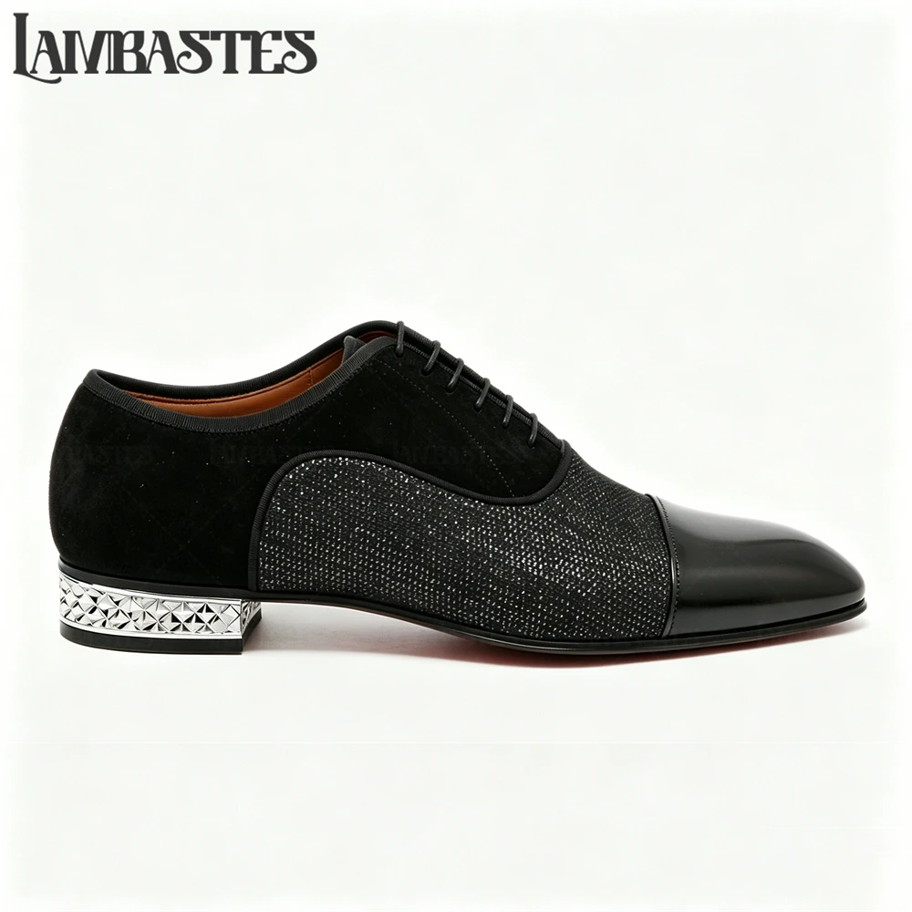 Ribbed Gold Heel Multi Texture Oxford Shoes Lace up Dress Shoes with Suede Glitter and Patent Leather Panel Designer Dress Shoes