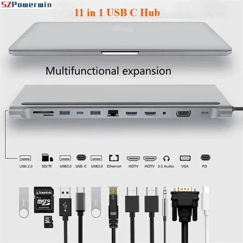 SZPowerwin 11 In 1 USB C Hub Dock Dual HDMI VGA USB Hub Adapter Type C Laptop Universal Docking Station Laptop Accessories