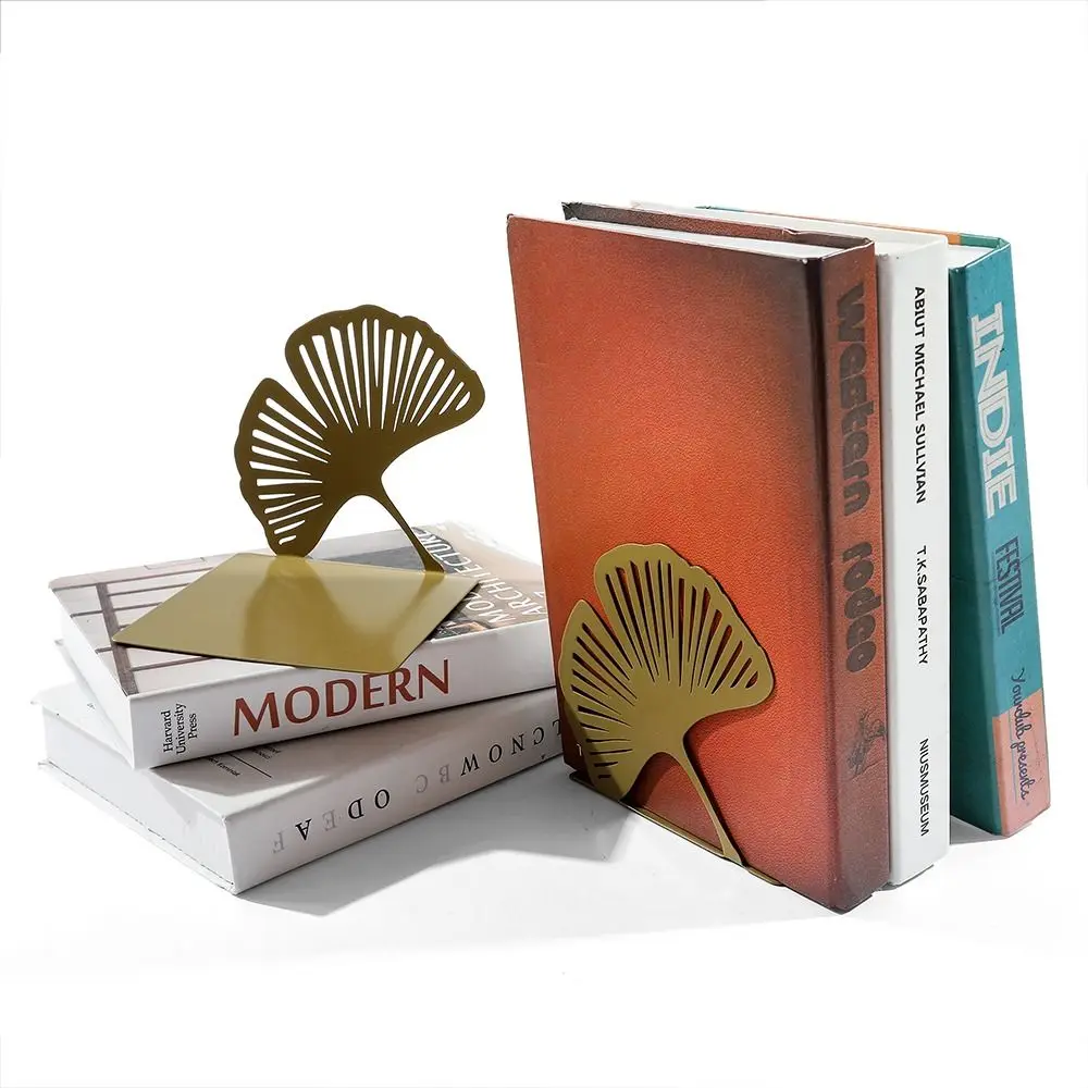 

High Quality Stylish L-shaped Folding Bookends Creative Hollow Out Ginkgo Leaf Bookshelf Durable Weighted Metal Book Rack Unisex