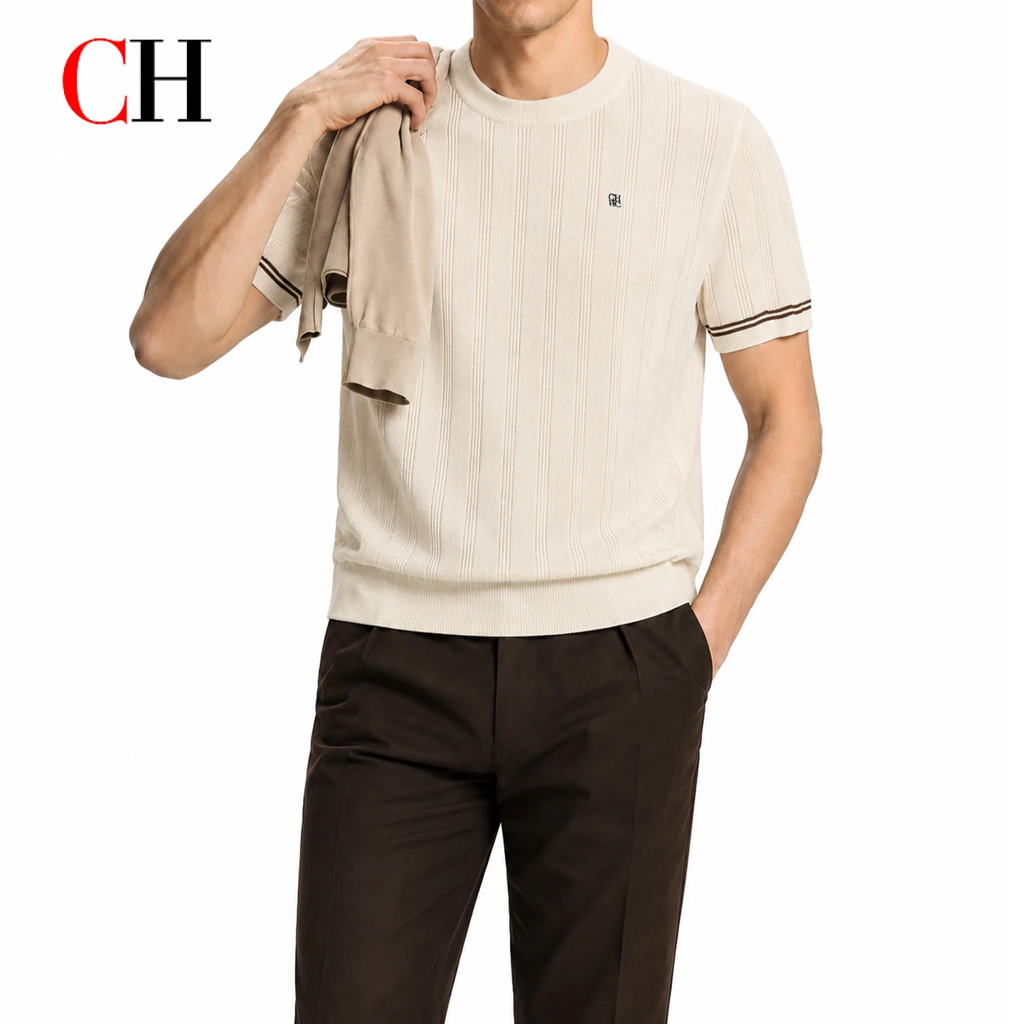 CH Men Premium Ribbed Knit Short Sleeve T Shirt Solid Color Crew Neck Stripe Cuffs Embroidered Logo Casual Wear