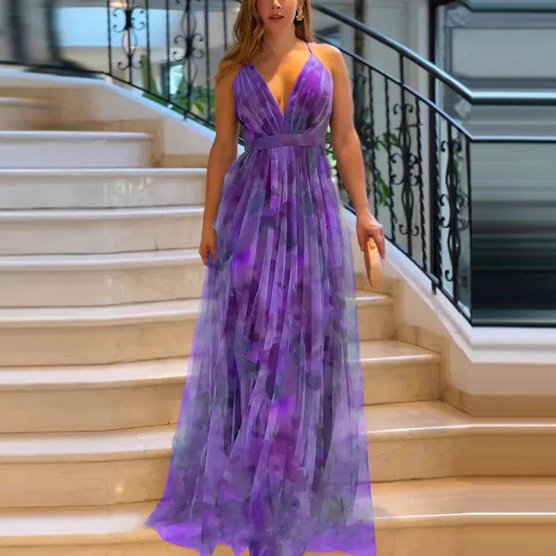 Boho Style Floral Print Mesh Long Dress Women 2025 Spring V Neck High Waist Swing Party Dress SUmmer Sleeveless Sling Maxi Dress