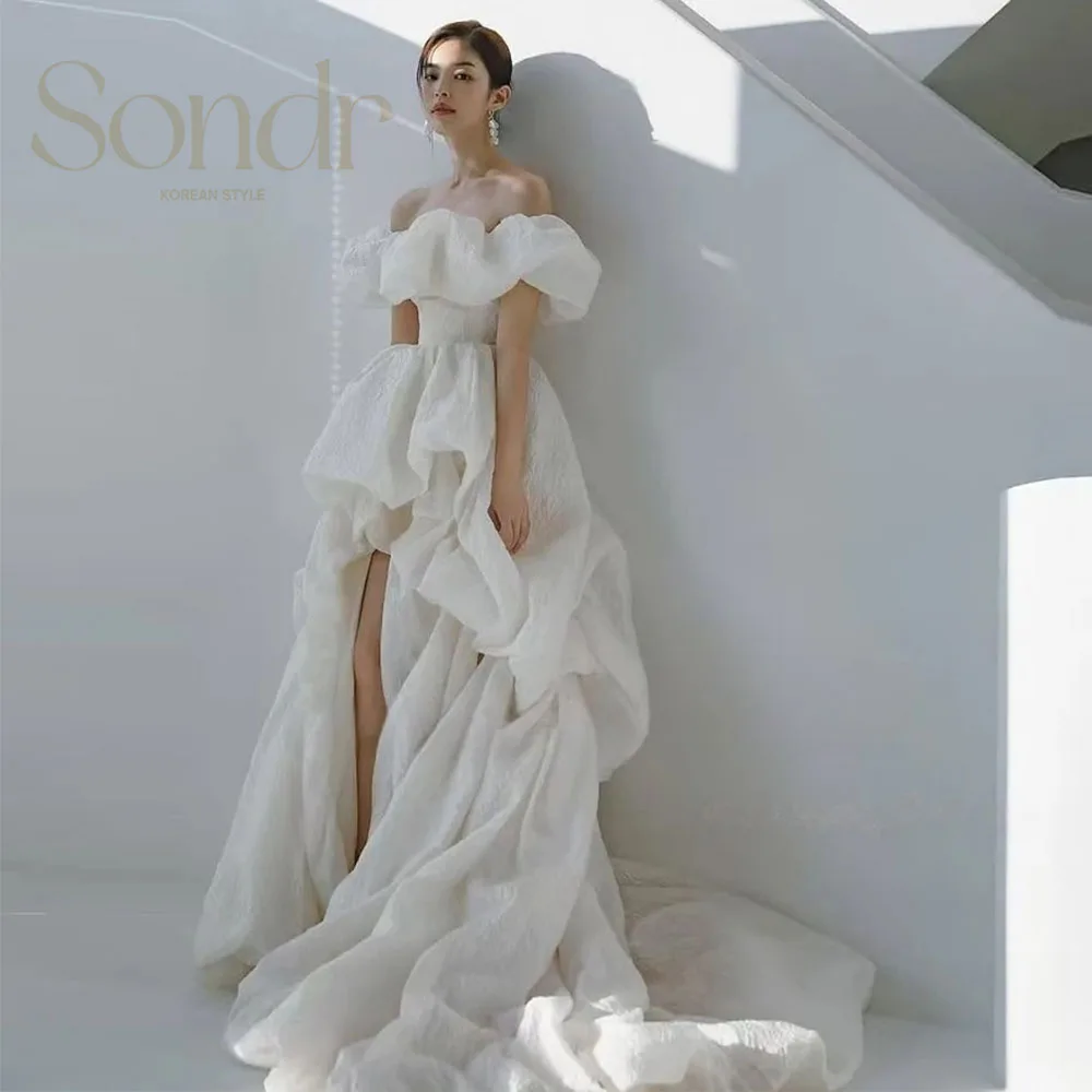 wedding dresses short in front long in back Reception Wedding Dress,short Front Long Back Bridal Shower Dress,long Puff  Sleeves Short Wedding Dress,civil Wedding Tulle Wedding Dress