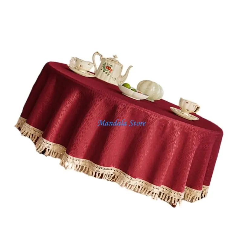 

U2JC Waterproof Jacquard Tablecloth With Elegant Tassels Trim Spill Resistant Polyester Fabric for Dining Table Protective
