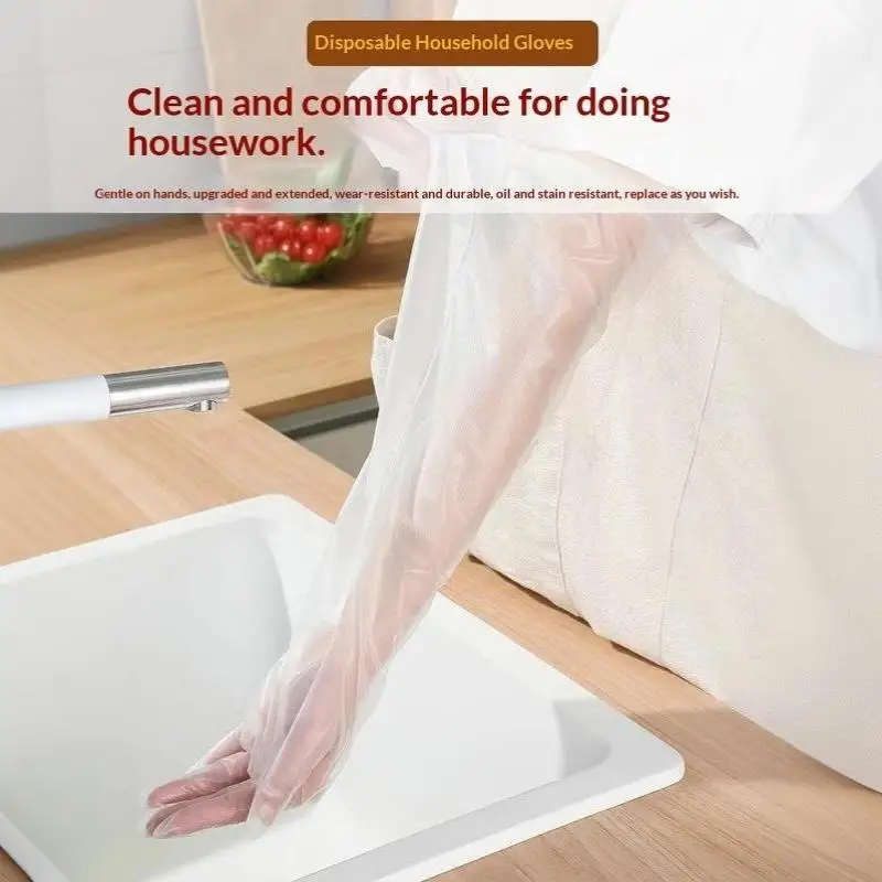 60 cm lange CPE-Haushaltshandschuhe, wasserdicht, verdickte, rutschfeste Manschette für Küche, Geschirrspülen, Hausreinigung – Detail 9