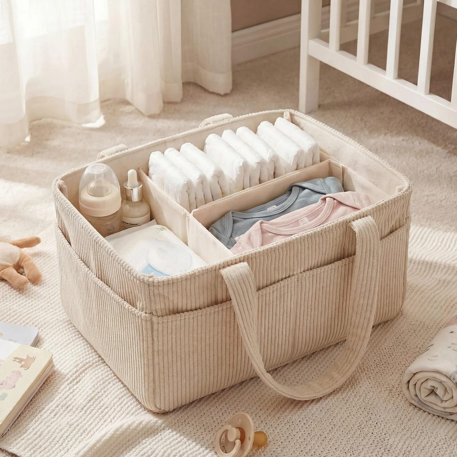 2Pcs Baby Diaper Caddy Organizer Corduroy Diaper Storage Basket with Handle Multifunctional Baby Products Organizer Basket