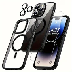 Clear Black Strong Magnetic Phone Case 3 in 1 with Screen Protector for iPhone 15 14 Pro Max Plus 12 13 Mini 11 Shockproof Cover