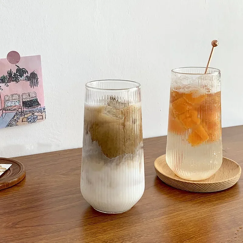 500ml Coffee Glass Cups Heat-Resistant Clear Rib Vertical Stripes Tea Mug for Drinking Milk Beer Wine Juice Tumblers Set Gift