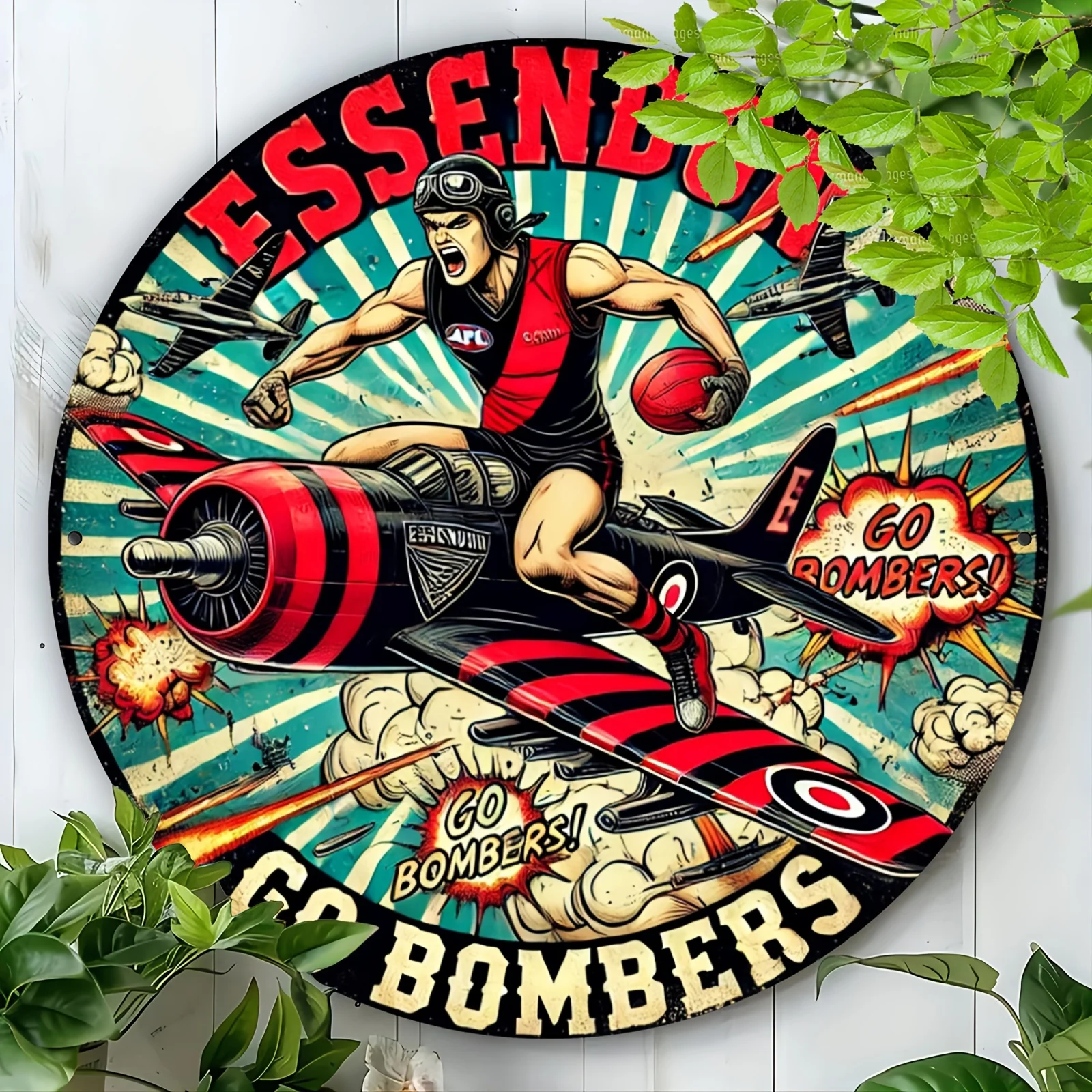 قطعة واحدة من علامة Essendon Bombers المعدنية المستديرة - لوحة فنية جدارية من الألومنيوم على الطراز العتيق تتميز بمشغل كرة القدم الديناميكي وتصميم الطائرة #1