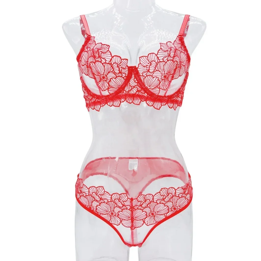 Conjunto de lingerie sexy exótico bordado floral para mulheres, sutiã fino elegante, veja através de roupas íntimas para senhoras, novo