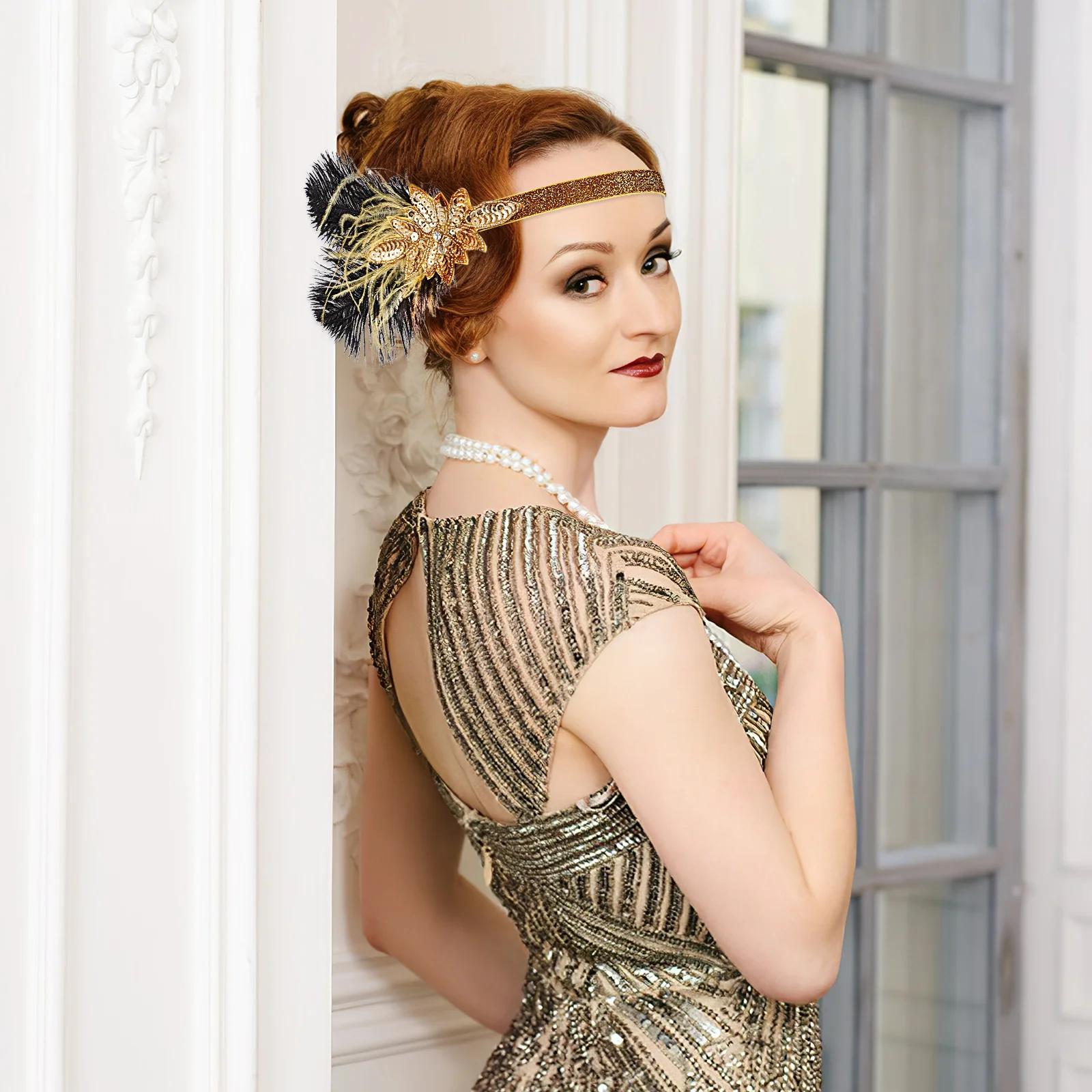 

Блестящая повязка на голову с пайетками, винтажный дизайн с перьями, украшенная стразами, в стиле флэппер, аксессуар для волос для женщин, для фестивалей и свадеб