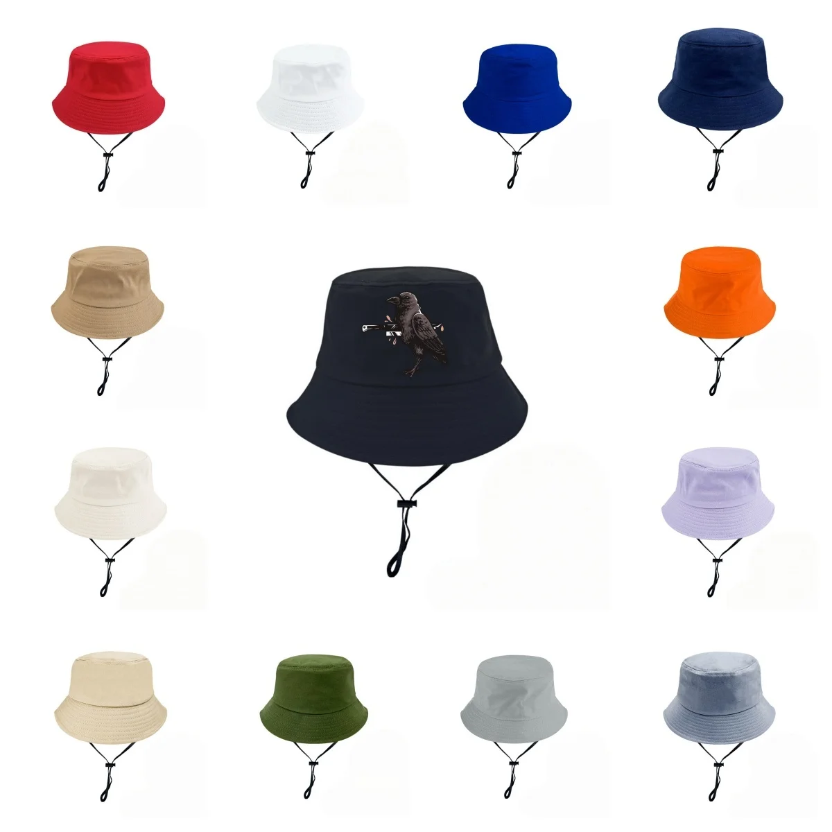 Street Style Crow With Gun Print Bucket Hat Adjustable Chin Strap Outdoor Windproof Sun Fisherman Cap Men Women Fishing Hat