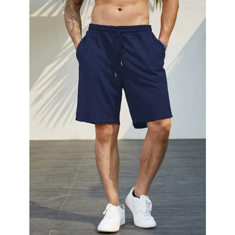 شورت رجالي برباط صلب مقاس كبير باللون الأزرق الداكن والأسود. ملابس رياضية قطنية، ولياقة بدنية، وشورت مريح كاجوال للرجال #1