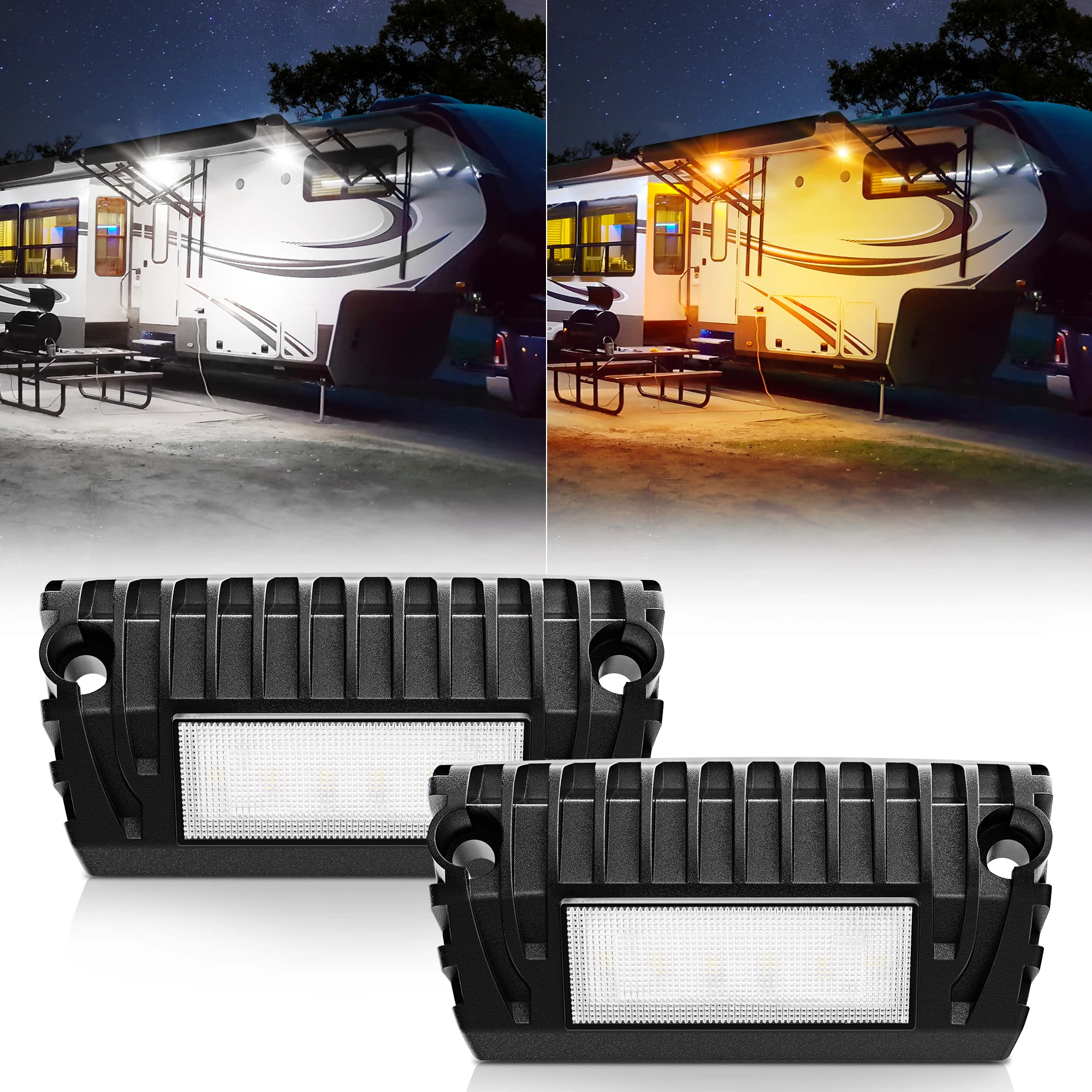 

MICTUNING 2 PCS RV Exterior LED Porch Light, White Amber Utility Light 1500 Lumen Replacement Lighting for RVs Trailers Campers