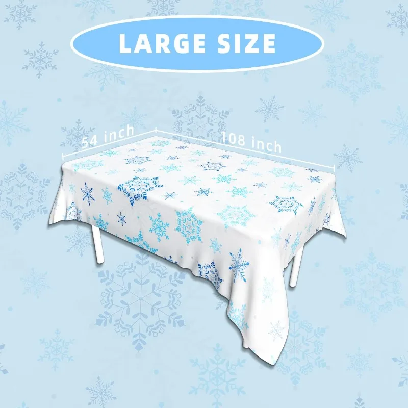 3 Piece Blue and White Snowflake Disposable Plastic Rectangular Christmas Tablecloth for Winter Theme Birthday Party Decorations