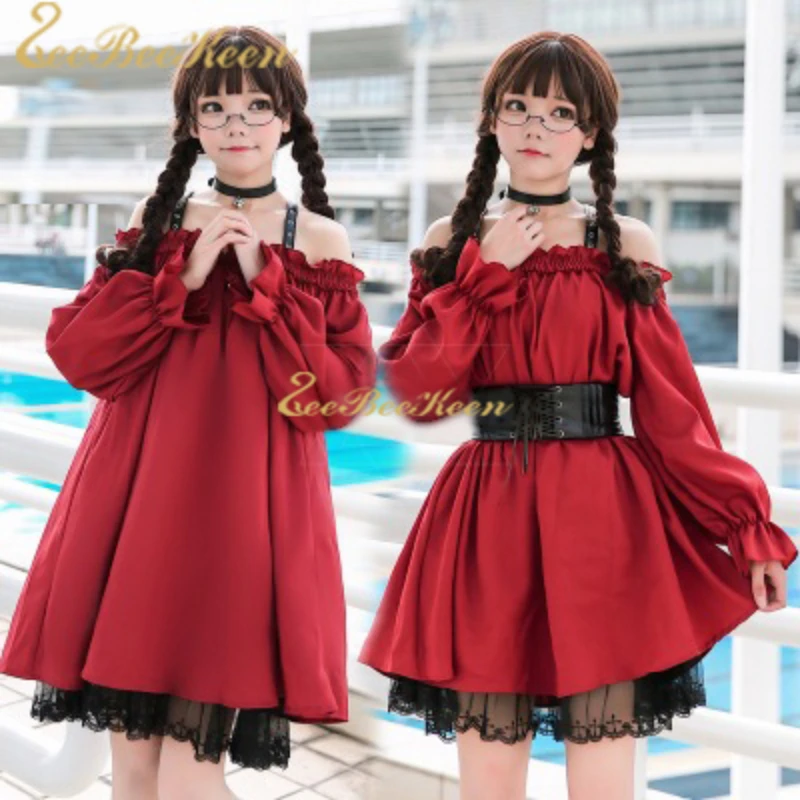 Robe Lolita gothique sexy à épaules dénudées pour filles, Anime Maid Cosplay, GelFemale Sweet Wine, Vêtements de fête rouges pour adultes