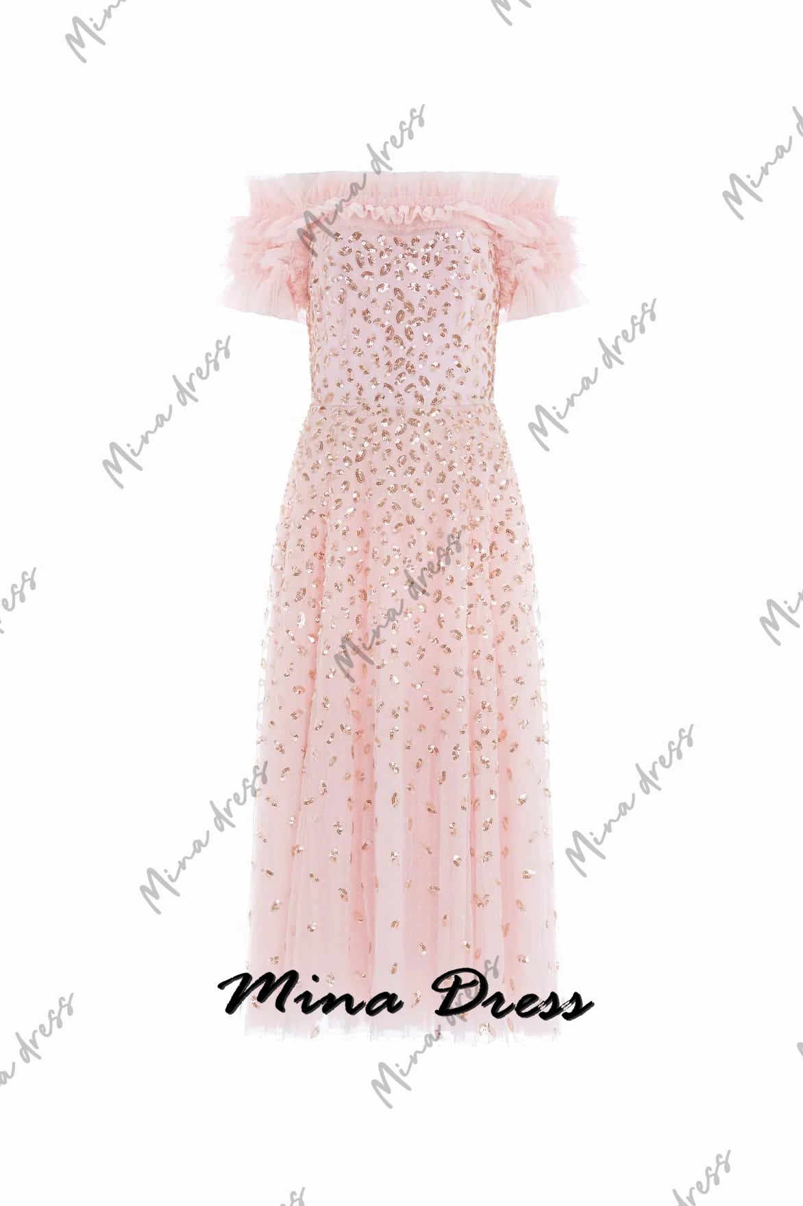 Mina personalizzato Paillettes Abiti da sera Donna Elegante Party 2024 Grace Abito formale Chiffon Off-the-spalla Maniche corte Prom