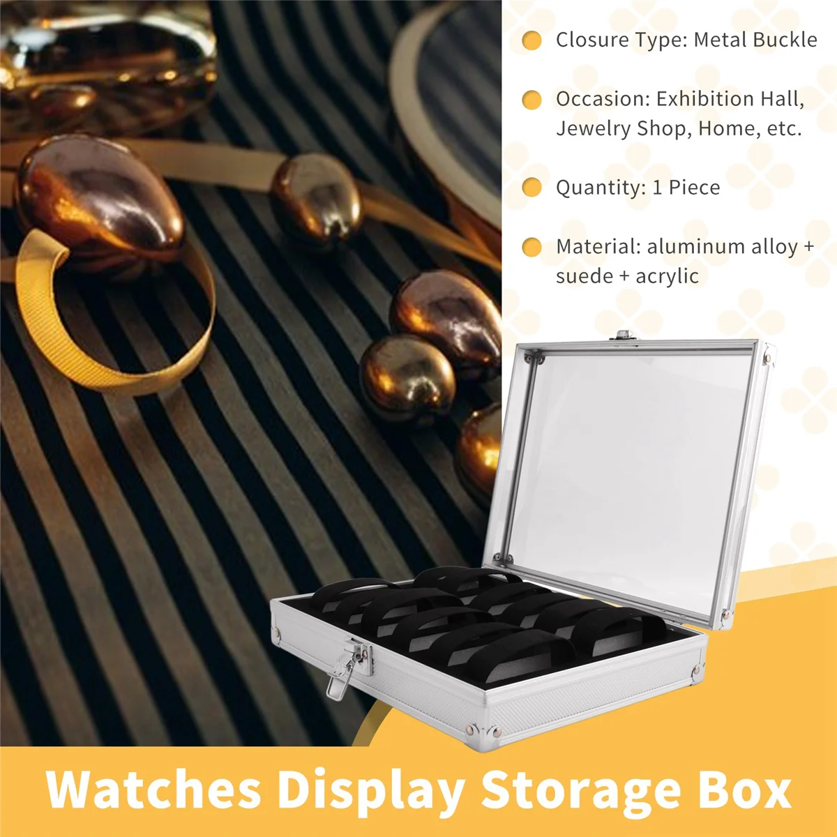 Useful Aluminium Watches Box 12 Grid Slots Jewelry Watches Display Storage Box Square Case Suede Inside Rectangle Watch