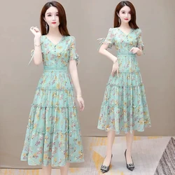 Women Summer Flower Print Dress 2023 New French Long V-Neck Cake Dress Ladies Slim Short Sleeve Chiffon Long Dress Vestidos 4XL