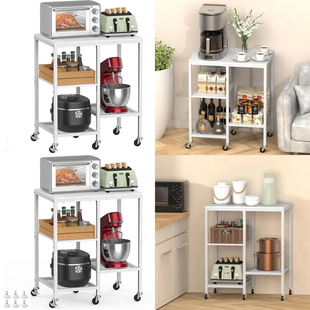 

Кухонная тележка на колесиках с кофе-баром, 4-уровневая полка для пекаря, полка для хранения, универсальная тележка для дома и офиса снежно-белого цвета