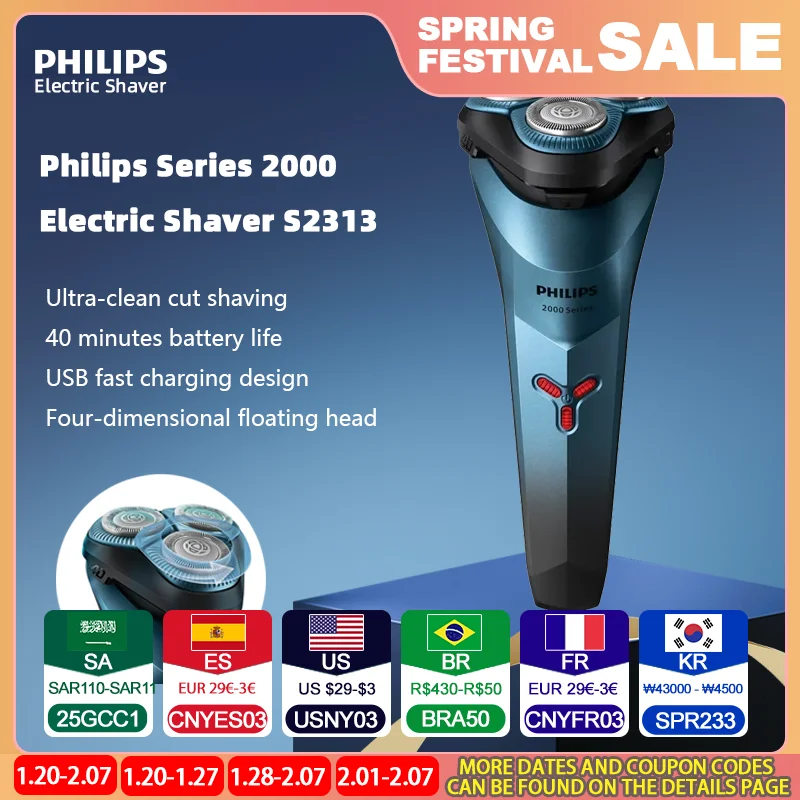 PHILIPS S2313 New 2 Series Upgrade Model USB Interface Men's Recommended Trend Portable Full Body Wash Razor for Boyfriend