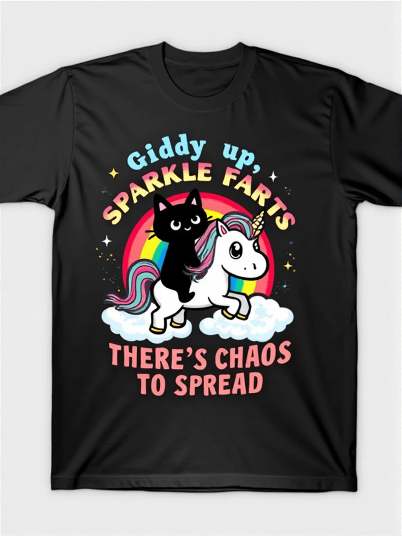 Plus Size, Whimsical Unicorn and Cat Graphic T Shirt Fun Black Featuring Rainbow Mane Cloud and Playful Text Giddy up SPARKLE FARTS Bold Pink THERE's CHAOS to SPREAD Design Perfect for Lovers O.png