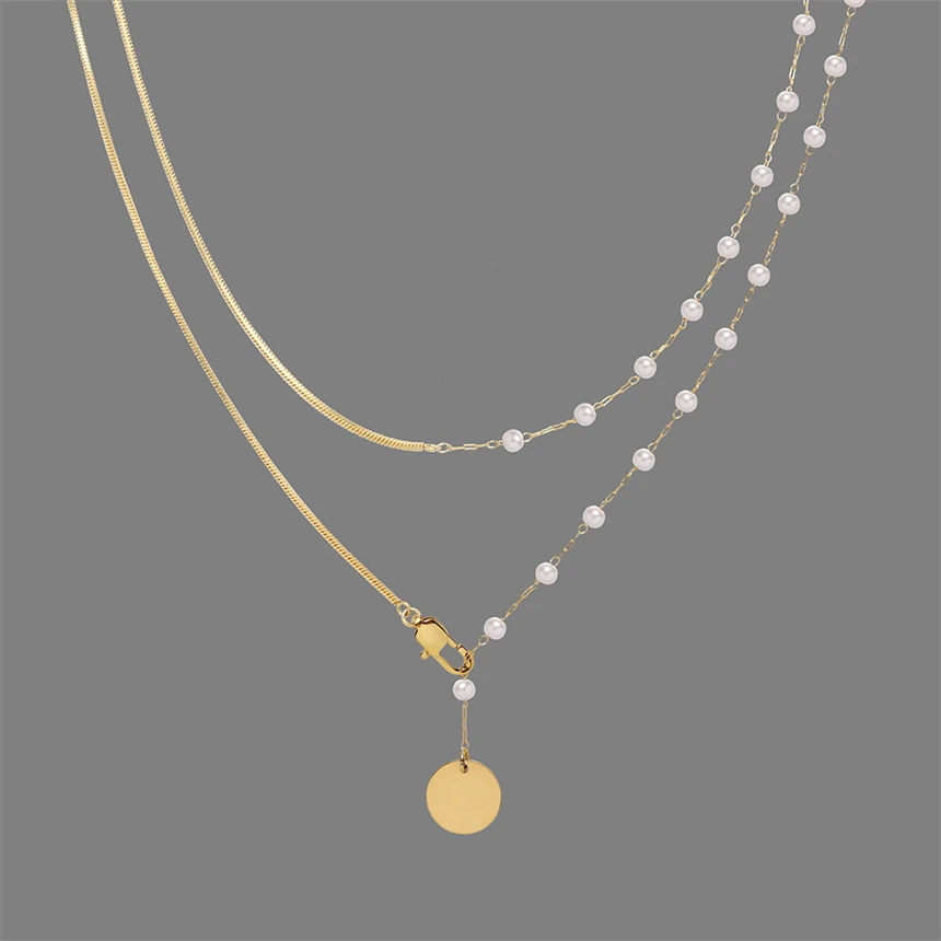 316L Stainless Steel Retro 2 Layer Pearl Split Joint Snake Bones Chain Necklace For Women Fashion Jewelry Party Gift SAN1544