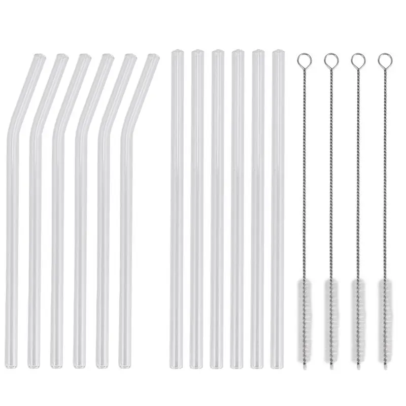 ABJI-12PCS Reusable Clear Glass Straws Shatter Resistant Glass Drinking Straw 6 Straight And 6 Bent With 4 Cleaning Brushes