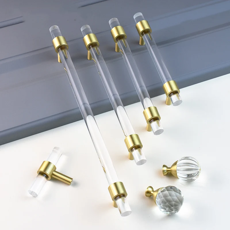 T-Bar Acrylic Kitchen Furniture Handles Wardrobe Drawer Door Knobs Golden Brass Cupboard Closet Cabinet Pulls Modern Style
