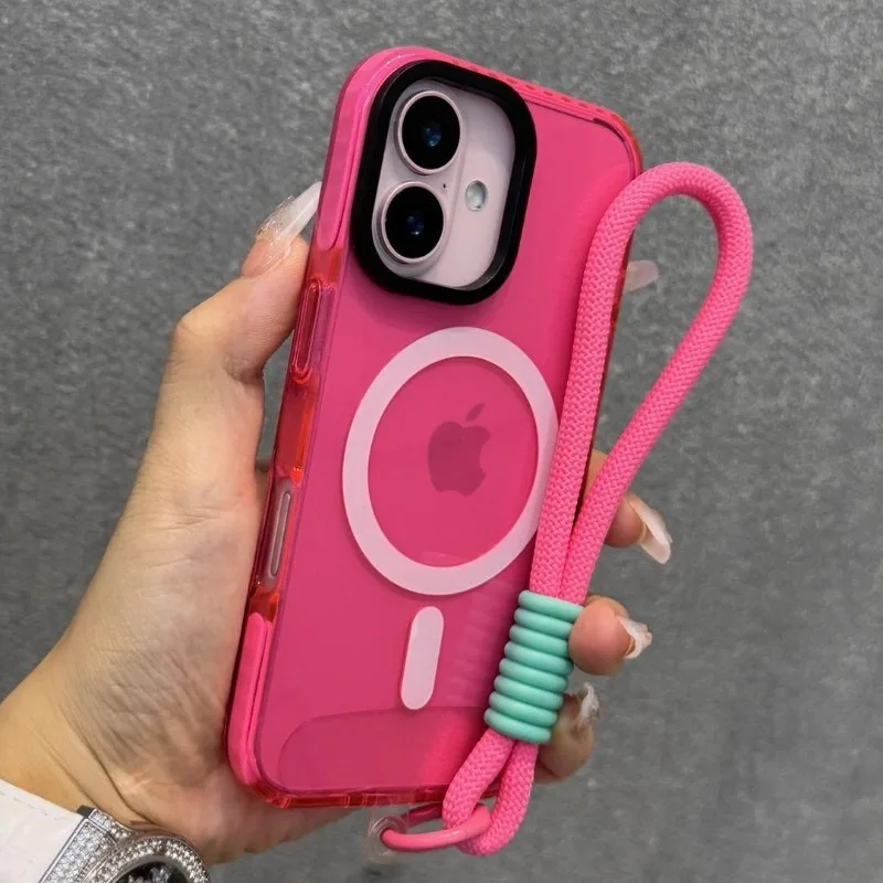Transparent Neon Color MagSafe Lanyard Phone Case for 15 16 17 Pro Max 13 14 12 11 Air Wireless Charging Soft Wrist Strap Cover