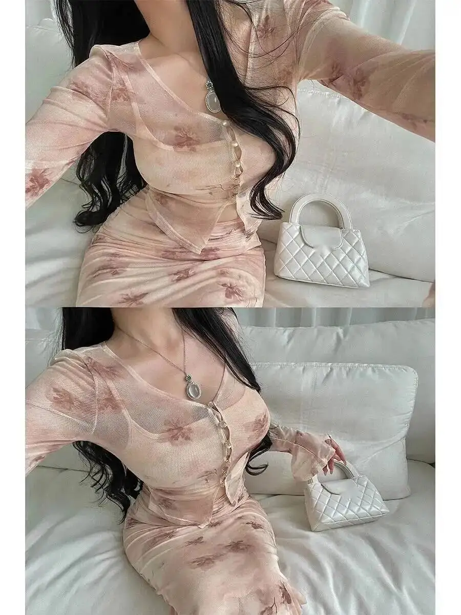 رغبة نقية نمط حزام أعلى مطبوعة شبكة طويلة الأكمام سترة عالية الخصر ذيل السمكة فستان أنيق طويل الحلو الكورية المرأة M37X