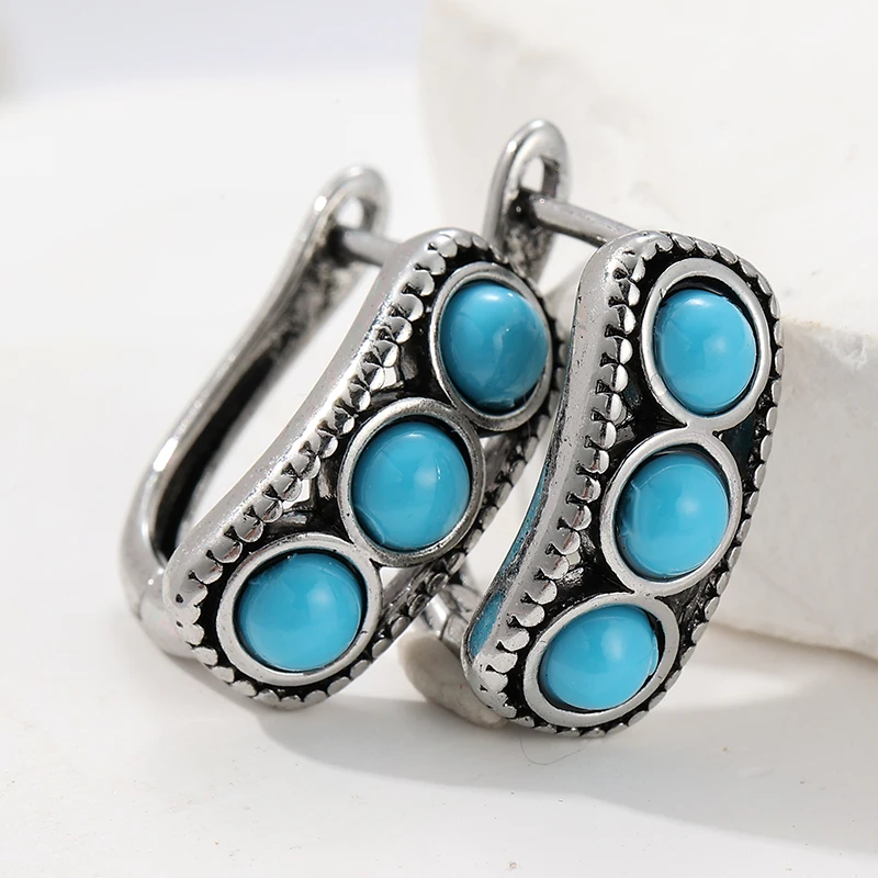 Boucles d'oreilles Vintage imitation turquoise pour femmes, style bohème, Design Simple, couleur argent, bijoux cadeaux