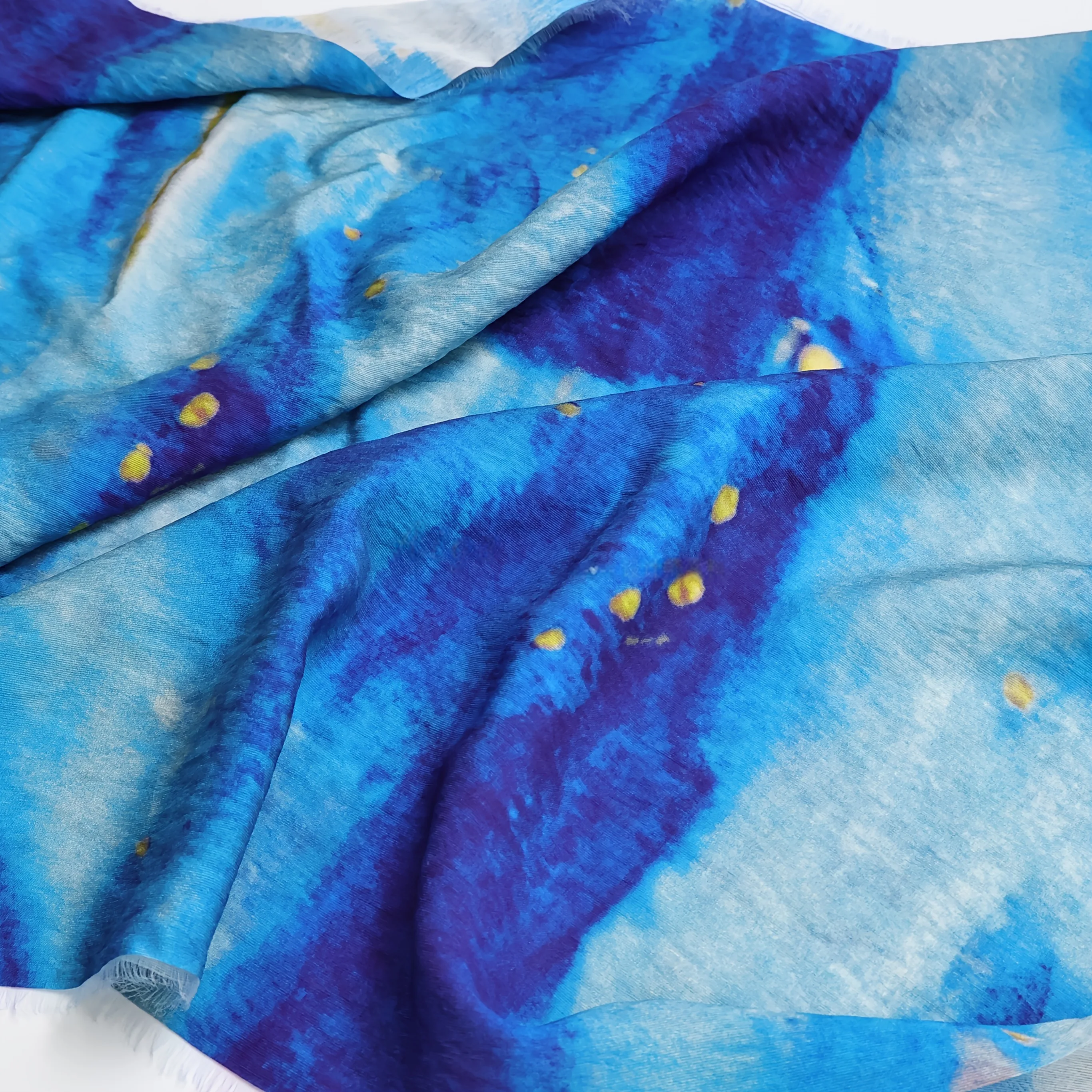2 Yards of Thin, Breathable, Blue Abstract Asymmetrical Vertical Pattern Tie-Dye Printed Silk, Linen and Tencel Fabric