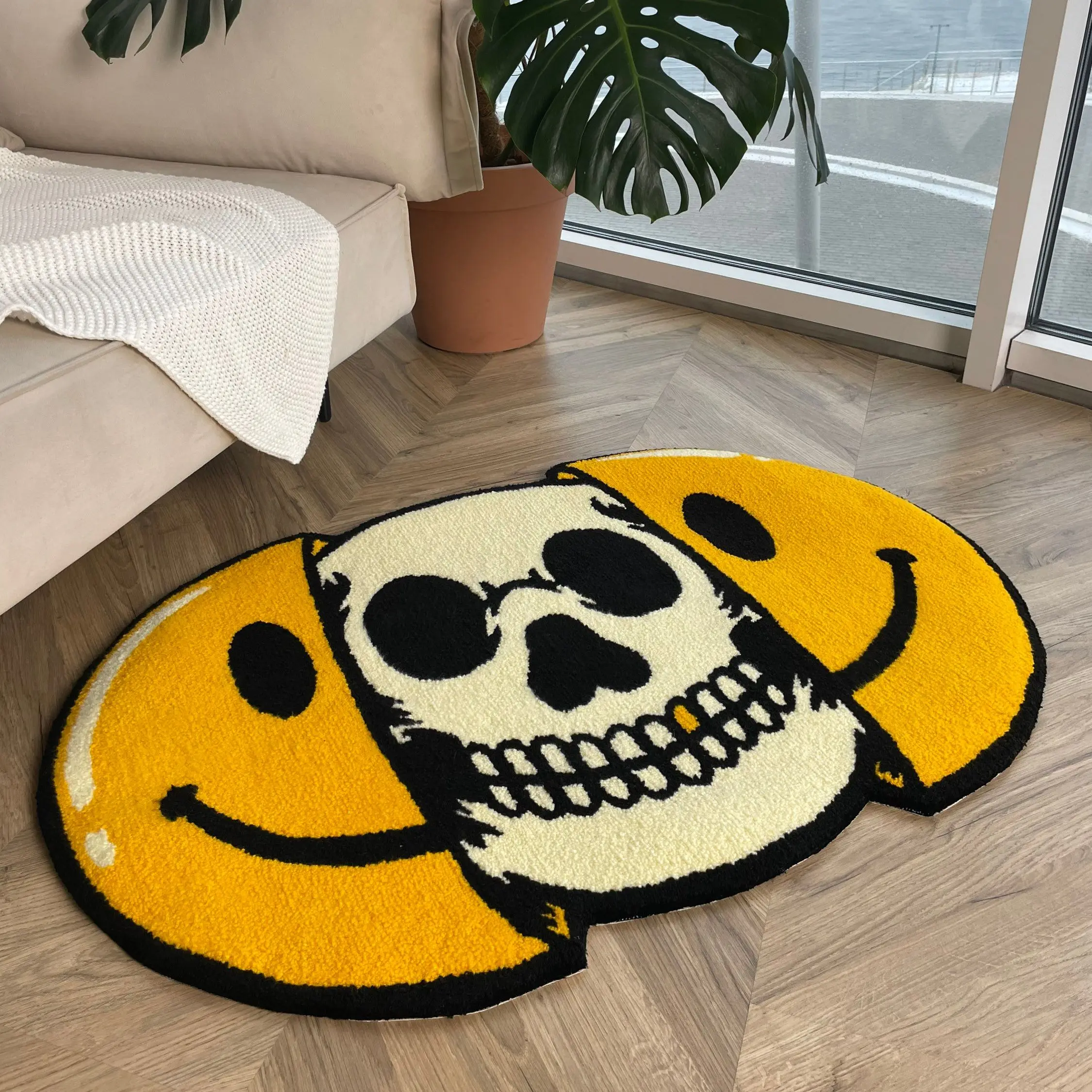 Yellow Smile Skeleton Handmade Custom Skull Rug Gift for Friend Home Decor Entrance Shoe Cabinet Carpet Aestetic Livingroom