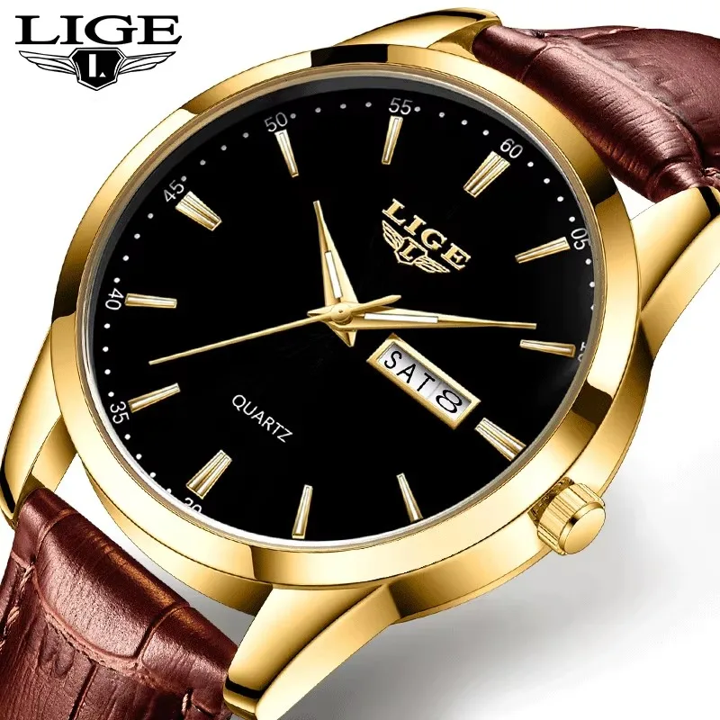 LIGE Orologi alla moda da uomo Orologio al quarzo di lusso delle migliori marche Cinturino in pelle da uomo Orologio da polso da uomo casual da lavoro impermeabile